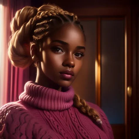 beautiful brown skin girl with perfect face shape and in her room nice blonde intricate braids hairstyle,wearing a pink knit,hyper-detailed,photo realistic high res, UHD,hyperdetailed