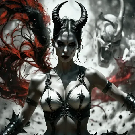 (((skulls on the ground))), (((Make a blood sacrifice))), (carnage:1.5),(black and white demoness:1.5),(beautiful female model:1.5), (demoness with Large horns:1.25),(1 super muscular with flayed skin:1.5),  (perfect anatomy:1.5), high detail, best quality...