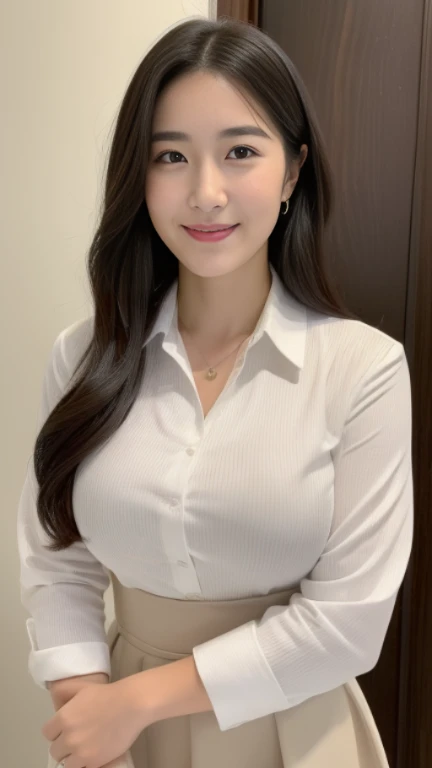 ((highest quality, 8K, masterpiece, portrait: 1.3)), (looking at the viewer), (full shot:0.85), attractive business mature woman, 1 person, a little chubby:0.35, white collared shirt, gray skirt,((big breasts 2.2)) (big pelvis:0.3), (officeの机にあぐらをかいて座っている)...