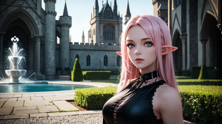 RAW, professional photograph, medium shot, photorealistic, hyper-realistic, ray tracing, super detail, UHD, 8k, female elf, twenty years old, athletic body, soft facial features, long hair, straight hair, light pink hair, blue eyes, gothic style, gothic cl...