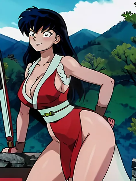 masterpiece, best quality, Kagome Higurashi, 25 years old, large breasts, cleavage, very busty, big hips, She stands tall while wearing a red Kunoichi dress, pelvic curtain, arm guards and gloves. shes looking directly at the camera with an confident smirk...