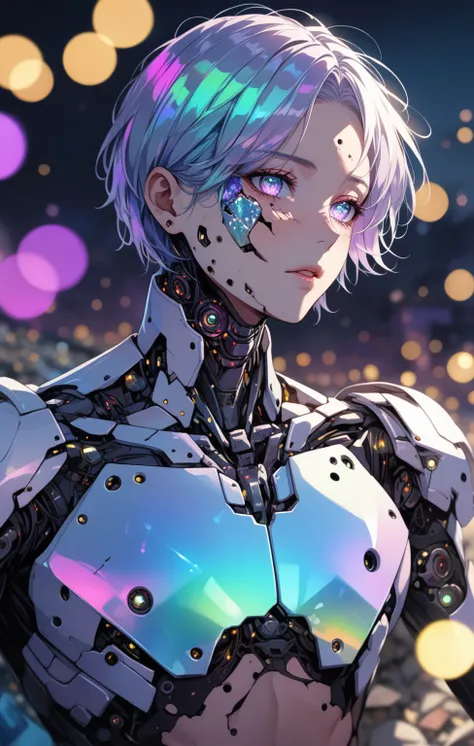 1male, a broken ruined cyborg man in a landfill, robot, beautiful face, body is broken with scars and holes, laying on the ground, 8K, (dynamic perspective), sharp focus, (depth of field, bokeh:1.3), extremely detailed eyes and face, beautiful detailed eye...