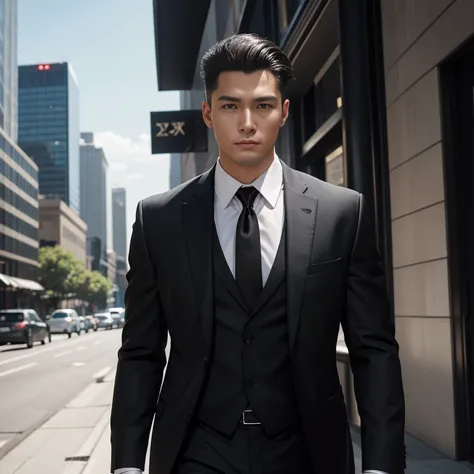 A bald, 25-year-old man wearing a suit and tie walked down the street. Outdoors in the city, the sunlight shone brightly, a clear face looking intently straight. Holding a realistic shotgun, man in black, wearing a black suitและสีแดง, Wear a business suitท...