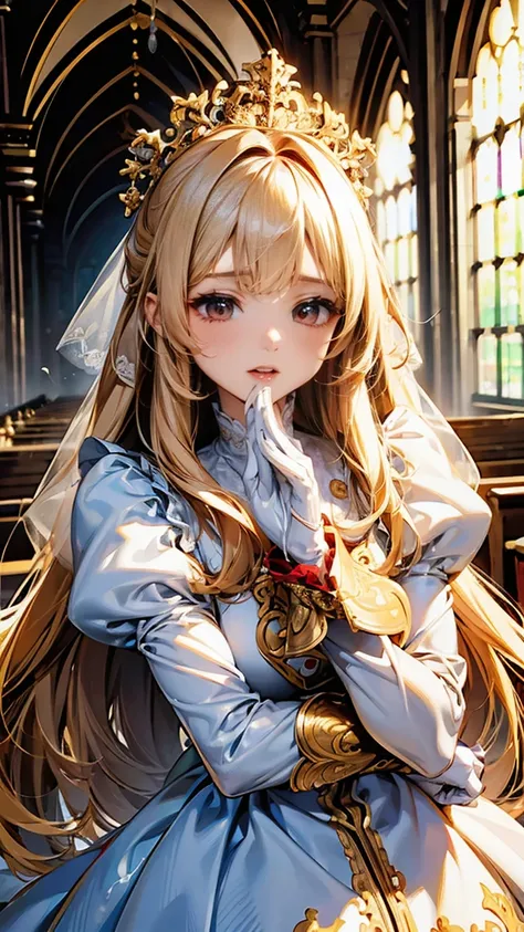 In front of the altar of a majestic church、（blurred background）、brighter light、golden long hair girl、classic white wedding dress、（elegant luster）、（lots of races）、lots of ribbons、((voluminous puff sleeves))、long cuffs with many buttons、golden embroidery、lon...