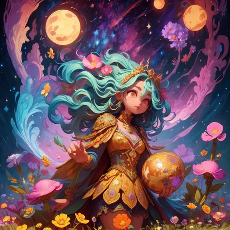 cinematic lighting, wide shot, high details, masterpiece, super detailed, lots of mushrooms and flowers, very colorfull, strong colours, flower power, chaotic, asymetrical, prominent sky of large planets and stars, in the center all the elements form a sku...