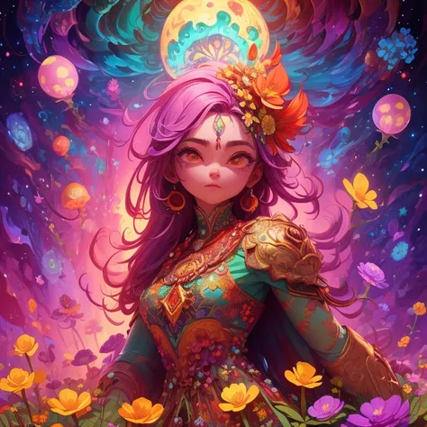 cinematic lighting, wide shot, high details, masterpiece, super detailed, lots of mushrooms and flowers, very colorfull, strong colours, flower power, chaotic, asymetrical, prominent sky of large planets and stars, in the center all the elements form a sku...