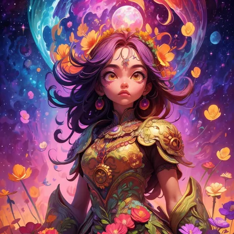 cinematic lighting, wide shot, high details, masterpiece, super detailed, lots of mushrooms and flowers, very colorfull, strong colours, flower power, chaotic, asymetrical, prominent sky of large planets and stars, in the center all the elements form a sku...