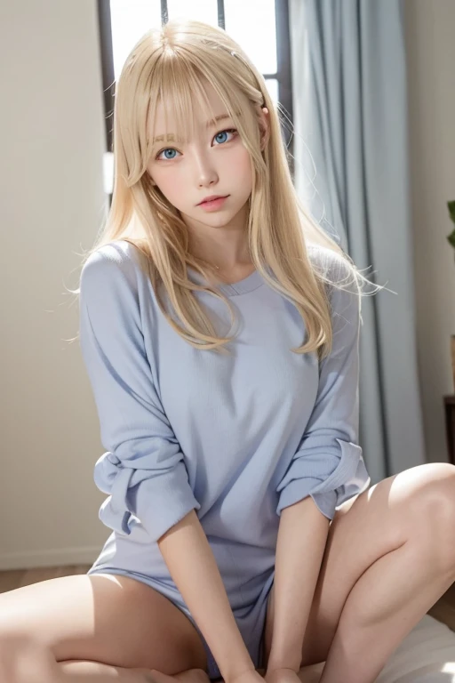 Light blonde haired girl with pale blue purple eyes  sitting 