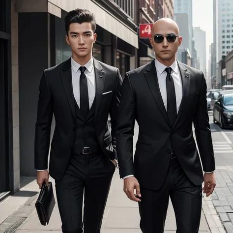 Araaf, 25 years old, bald, wearing a suit. shiny expensive leather Bright, modern colors Wearing a red tie walking down the street Action in various poses;) Outdoors in the city, the sunlight shone brightly, a clear face looking intently straight. Holding ...