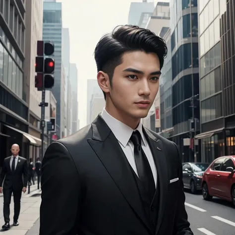 Araaf, 25 years old, bald, wearing a suit. shiny expensive leather Bright, modern colors Wearing a red tie walking down the street Action in various poses;) Outdoors in the city, the sunlight shone brightly, a clear face looking intently straight. , man in...