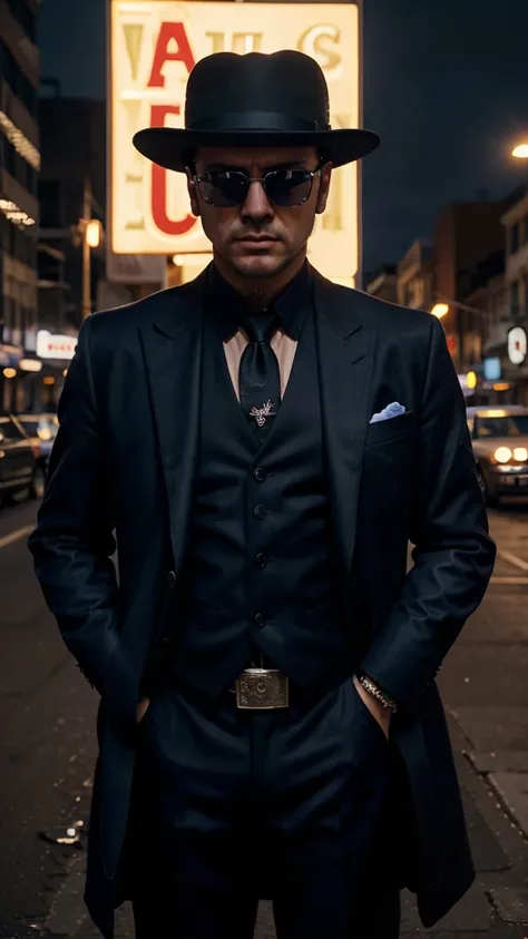 mafia in dark blue three-piece suit and ks 23 rifle, gangster, mobster, face of 30 year old man, in sunglasses, wearing hat with dollar sign, city background, realistic, stylish, intricate detail, highly detailed, cinematic, rim lights, atmosphere danger