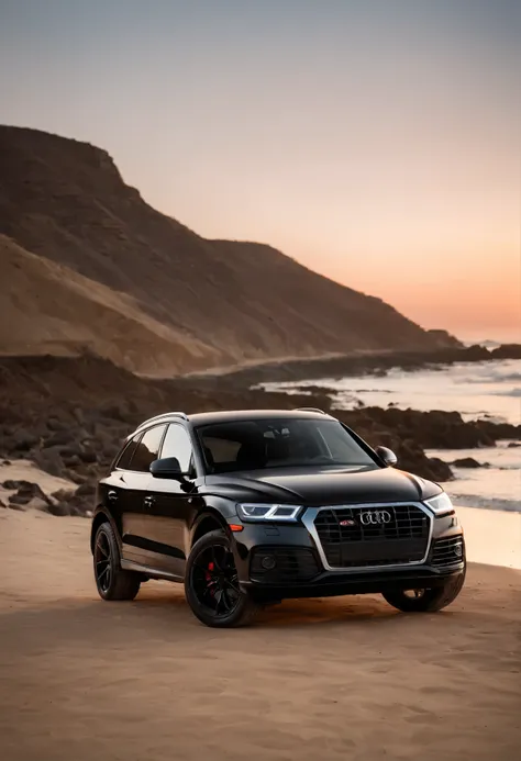 audi q5 2022, black, modified, nascar style vehicle, with lowered suspension, parked on the road in the beach at sunset