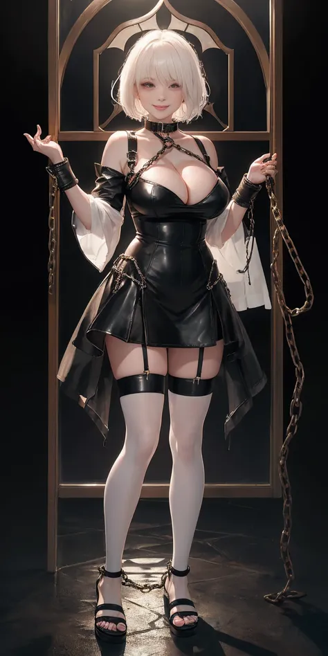 dark fantasy anime illustration of a (mature MILF BIMBO albino skin and short white hair), (FULL BODY) perfect face, wearing tight leather stealth armor, stalking, BIG KNOCKERS CLEAVAGE, lustful smirking smile red blush red cheeks, chain leash, kneeling, s...