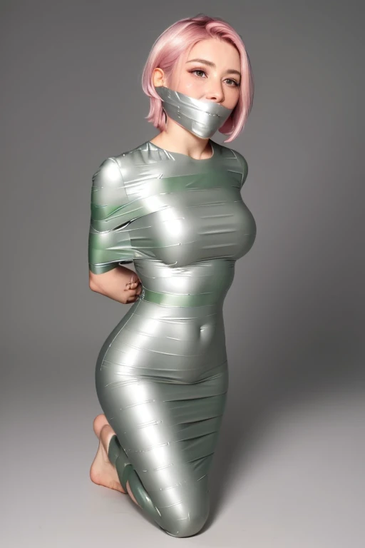 full body shot , girl, mummified, gagged, silver duct tape, , side pose bending over, arms behind back, light pink  hair, short ...