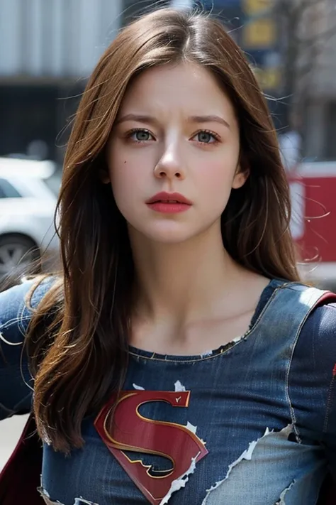 melissa Benoist, 8k, best quality, real image, intricate detail, ultra-detail, ultra-high resolution, depth field, (realistic, realistic: 1.2), masterpiece, photo 1girl, supergirl, heavily injured, superhero, realistic, torn clothes, (dirty, bruised, blood...