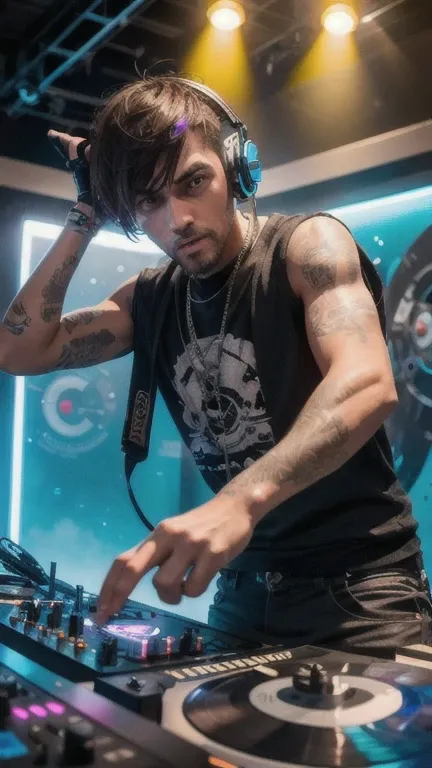 (Melhor qualidade)), ((super detalhado)), ((obra de arte)), foto, cena: equipped radio studio, tema: personagem: buffalo, Appearance: DJ com fones de ouvido e microfone, Action: Dancing, Facial expression: expressivo, contains vinyl records, perspectiva: e...