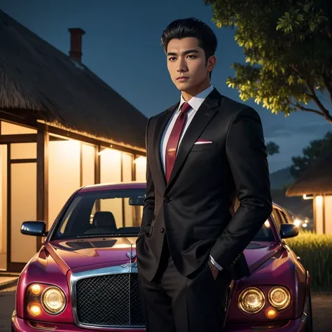 Araaf, 25 years old, bald, wearing a suit. Expensive, shiny leather, brightly colored, fashionable, wearing a red tie, standing next to a Bentley State Limousine.)A shiny reddish purple. At night, colorful glittering lights Action in various poses;) Outdoo...