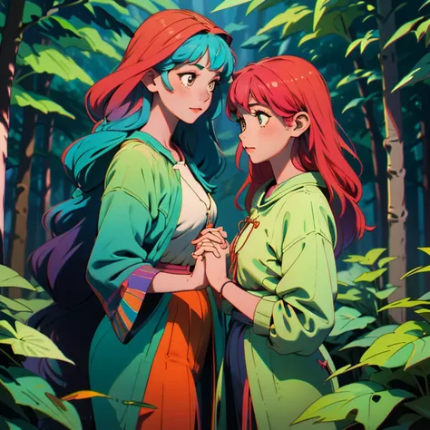 highly detailed, masterpiece, wide shot, Two voluptuos girls holding hands in a forest, the girls are dissolving into colourfull string at their hands, everything about those girls is psychedelic and colorful, the forest remains like a normal forest