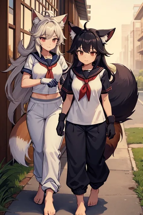 3 females, Fox and Raccoon, furry,　beastman, animal hair, tail, sailor suit, short sleeve, Jersey pants, long pants, gloves, barefoot, man&#39;s daughter