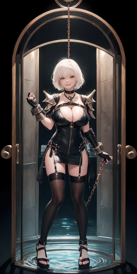 dark fantasy anime illustration of a (mature MILF BIMBO albino skin and short white hair), (FULL BODY) perfect face, wearing tight leather stealth armor, stalking, BIG KNOCKERS CLEAVAGE, lustful smirking smile red blush red cheeks, chain leash, kneeling, s...