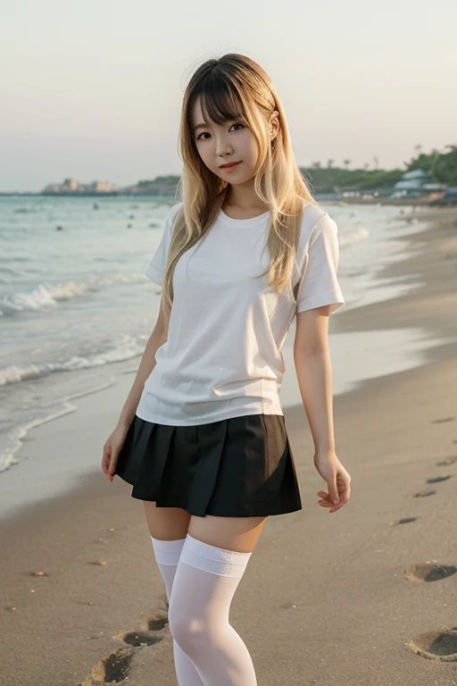 Cute Korean girl with blonde hair wearing a short black skirt with white stockings, and wearing a black shirt. On a beach