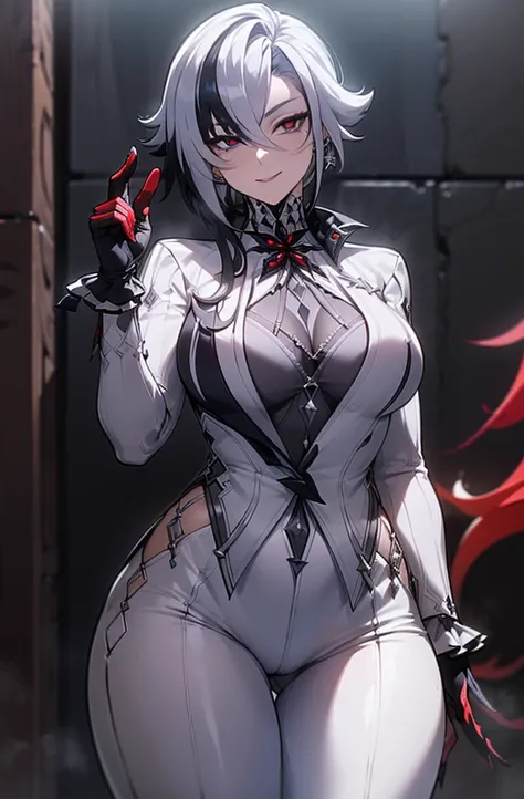 ,1girl, solo, x-shaped_pupils, multicolored_hair, gloves, jewelry, white pants, symbol-shaped_pupils, black_hair, black tight shirt, black_gloves, looking_at_viewer, red_pupils, ring, white_hair, sleeveless-silkmade shirt, breasts, wide hips, slender waist...