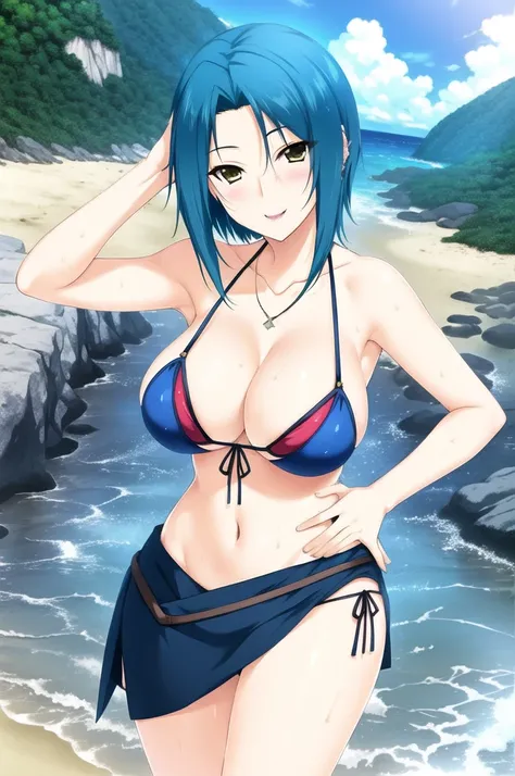 Lovely x Cation The Animation/《LOVELY×CATION》-Sera Kurokawa（Sera Kurokawa）, masterpiece, best quality, an attractive sexy mature woman in red and blue spangle bikini standing next to a rock on the beach, 1girl, breasts, cleavage, navel piercing, sexy swims...