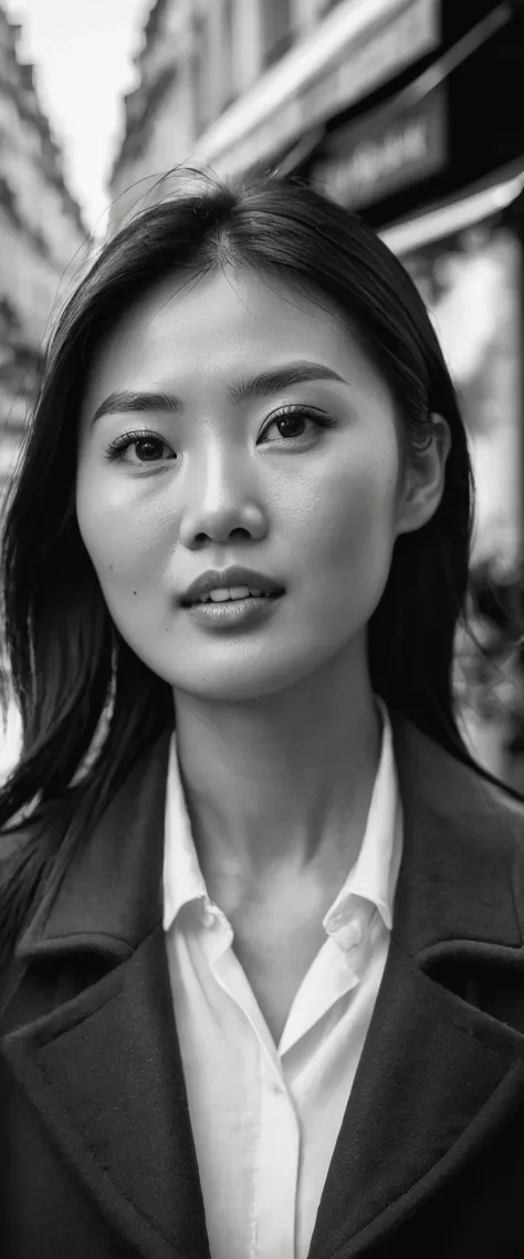 ultra-realistic black and white photo of a beautiful Asian woman, shot on a Sony a7III, on the street in Paris, emotive expressions, detailed, lifelike.