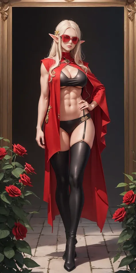 Full body, masterpiece, female drow elf purple skin standing pose (yellow tiger bikini), red cape, red bikini, long white hair, strong body, abs, Shiny Skin, Sunglasses, FEMALE, big breasts, voluminous breasts, curvy breasts, mesh stockings, standing with ...