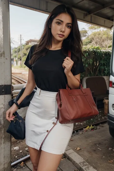 crie uma imagem de uma linda morena cabelos abaixo dos ombros vestida vermelho longo, usando uma linda bolsa  descendo de um carro railux 