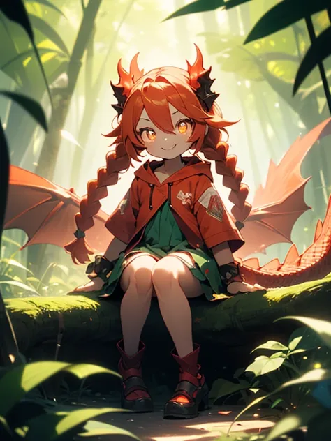 (masterpiece), best quality, warm lighting, looking at viewer,(( cute red dragon girl)), ((red scales)), ((red twin braids)), orange eyes, ((slit pupils)), chibi, green tattered dress with a hood, sitting on ground, legs spread, smile, forest,