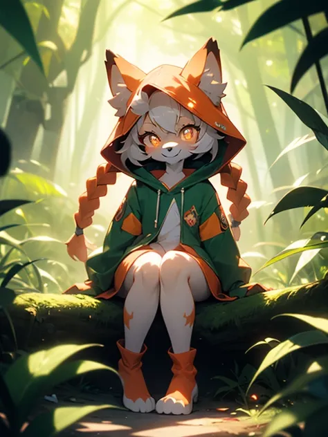 (masterpiece), best quality, warm lighting, looking at viewer, ((anthro:1.2)), cute anthro red dragon girl, red twin braids, orange eyes, slit pupils, chibi, green tattered dress with a hood, sitting on ground, legs spread, smile, forest,