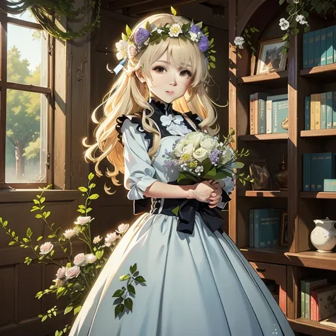 anime girl in a blue dress holding a bouquet of flowers,  in dress, cute anime waifu in a nice dress, a maid in a magical forest, guweiz on pixiv artstation, portrait of lolita, beautiful anime portrait, anime visual of a cute girl, violet evergarden, ethe...