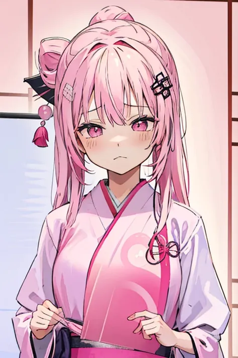 1 girl, alone, long hair((hair is pink)), pink eyes, school uniform((Japanese style)), blurred background((Japanese style classroom)), looking at the viewer((sad expression))