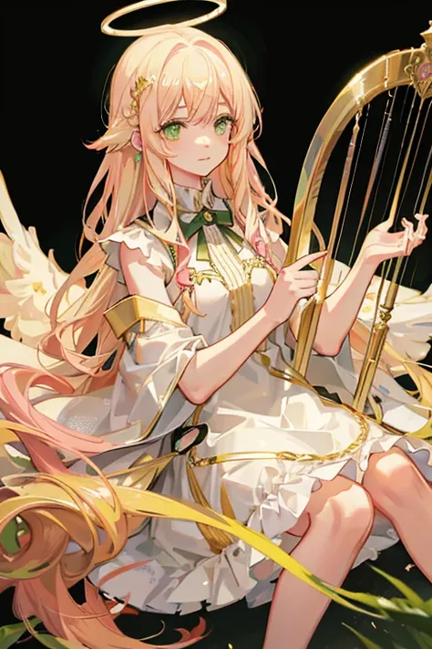 blonde　Wavy Long Hair　hair ornaments　green eyes　pink dress　halo　Angel&#39;s wing　harp