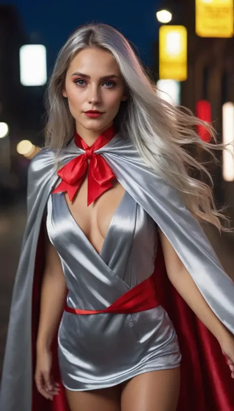 (RAW Photo) , (highly detailed:1.20) , ultra realistic :1.10) , gorgeous girl in her 20s , (perfect face:1.20) , (detailed red eyes:1.20) , with long silver hair in ponytail , (((long silver satin cape tied at the neck with a ribbon :1.20))) , silver minid...