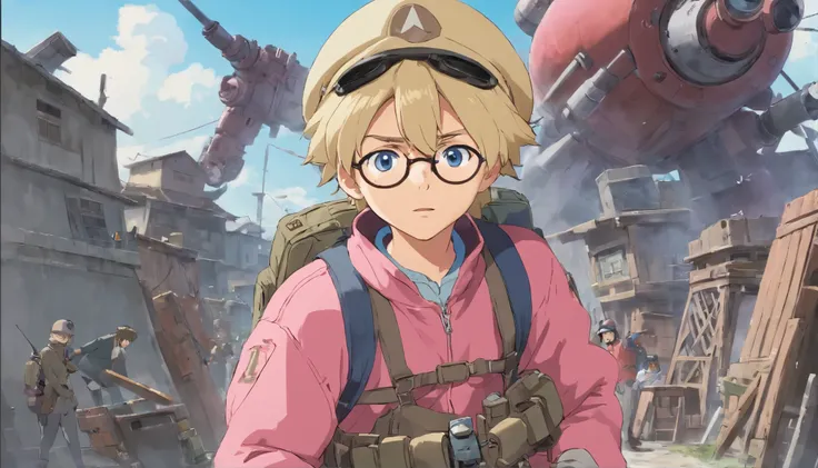 masterpiece, best quality, movie still, 1man, neutral face, (male focus:1.2), (cute:1.2), cute man wearing round glasses and a war helmet, looking at the viewer, wearing a pink jacket, blue eyes, big nose, dirty blond hair, messy hair, white background, fu...