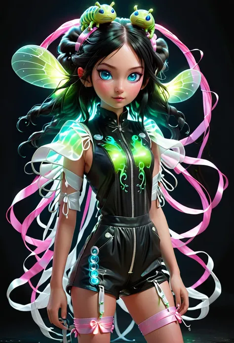 ((Full body ))dynamic lighting hyperdetailed intricately Engine((by a green glowing caterpillar)) Is a girl with blue eyes, black long hair, short twin pontails sticks out at the side of head tied with long thin pink ribbons, wearing a cute white leather r...