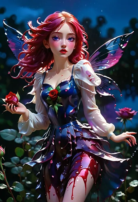 (In a glossy darkblue field is a glass red and blue glass-shaped rose)) A fairy ((in tears)) keels by the rose , her Lips in red. Touches the rose, her long red hair has its off ice her legs or covered in glass. Her white crop blouse is painted in purple s...