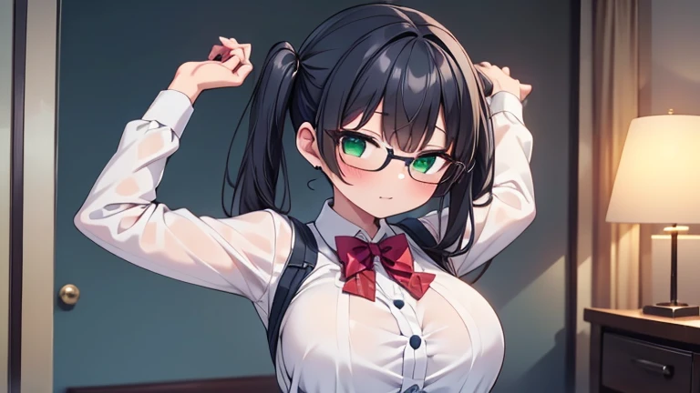 masterpiece,highest quality,wonderful,finely,High resolution,1 girl, big breasts,(stretching:1.3), black hair, glasses, green eyes,twin tails,full body