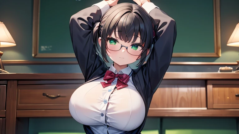 masterpiece,highest quality,wonderful,finely,High resolution,1 girl, big breasts,(stretching:1.3), black hair, glasses, green eyes,twin tails,full body