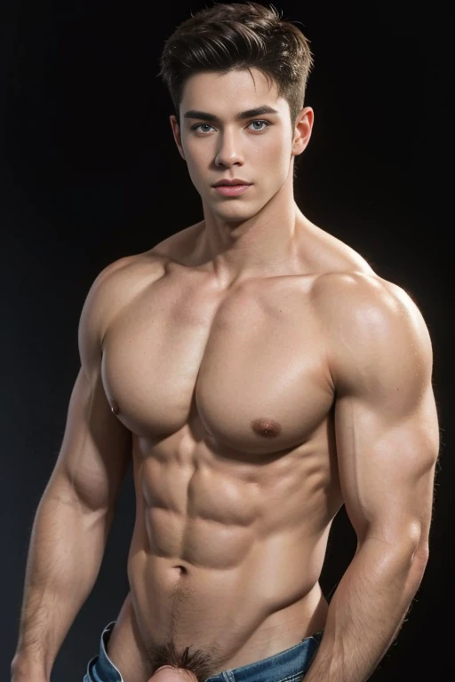 Highest quality photo portrait of a guy .20 years . Model. short brown hair , Blue eyes. great chest muscles , huge nipples on chest, completely without clothes , Beautiful penis. Studio lighting, background white .Photo portrait of an attractive guy !