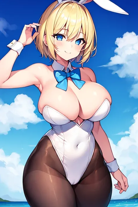 1girl, blonde hair, very short hair, blue eyes, breasts, large breasts, bowtie, wide hips, thick thighs, bunnysuit, leotard, white bunnysuit, smile, blue trim, pantyhose