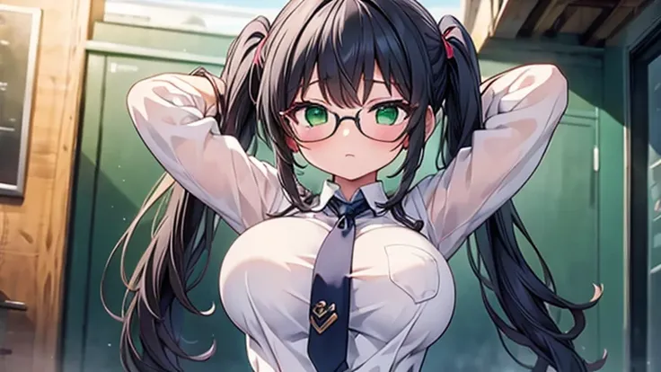 　highest quality,wonderful,finely,extremely detailed CG unity 8k wallpaper,written boundary depth,1 girl, big breasts,(arms behind head:1.3), black hair, glasses, green eyes,twin tails,full body, highest quality,Super detailed,unity 8k wallpaper,game CG,