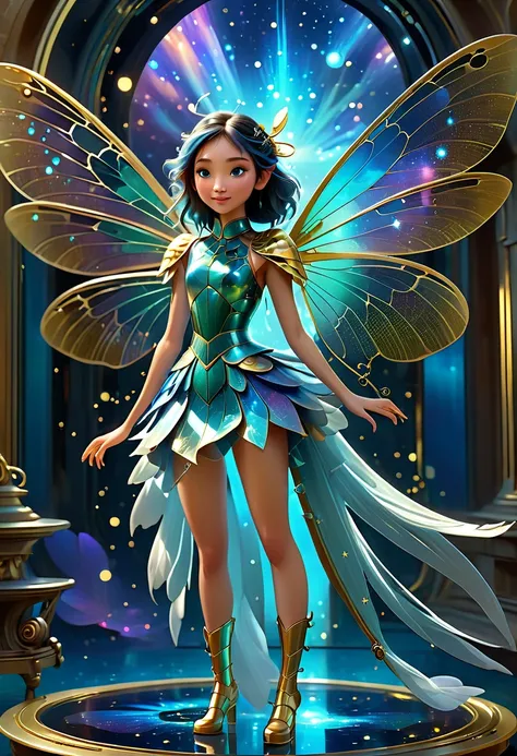 ((A beautiful girl with a body of huge dragonfly and angelic wings))encase in gold and legs fine azure on the platform of glass and stars and galaxies, Pixar, Disney, concept art, 3d digital art, Maya 3D, ZBrush Central 3D shading, bright colored backgroun...