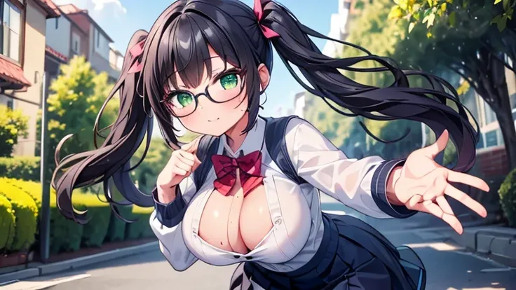 　highest quality,wonderful,finely,extremely detailed CG unity 8k wallpaper,written boundary depth,1 girl, big breasts,(outstretched hand:1.3), black hair, glasses, green eyes,twin tails,full body, highest quality,Super detailed,unity 8k wallpaper,game CG,