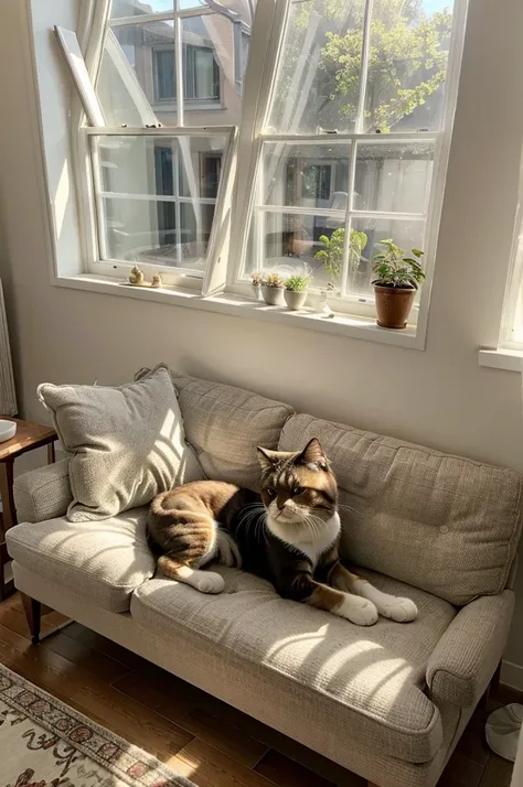 A cozy living room with sunlight streaming in through the windows. We see a cute Persian cat named Whiskers lounging on a plush cushion