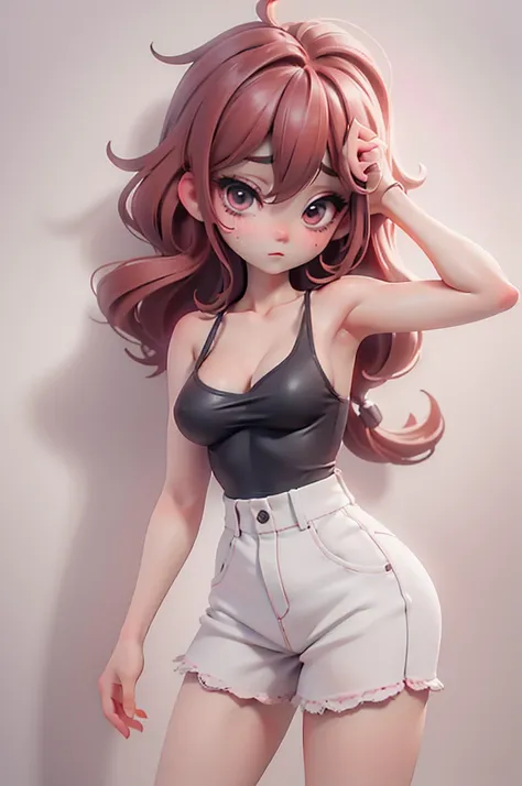 1girl, long auburn hair, black eyes, wearing pink tanktop, white denim ripped shorts, gym, showing armpits, sweaty, absurdres, high res, ultrasharp, 8K, masterpiece, looking at viewer cute and adorable dainty young shy and alluring goth French maid 