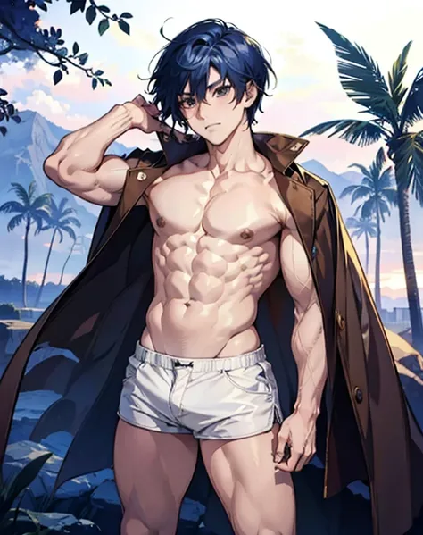 Anime boy, shirtless, tanned skin, short shorts, thick thighs, bedroom