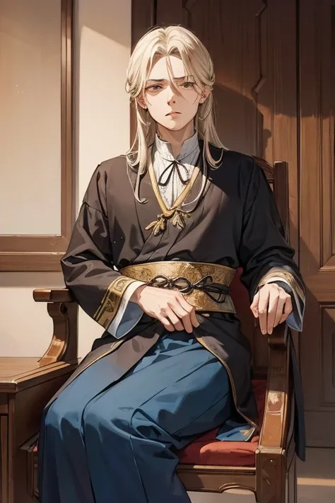 distinguished old noble lord sitting on a chair, bored, uninterested, slavic clothes